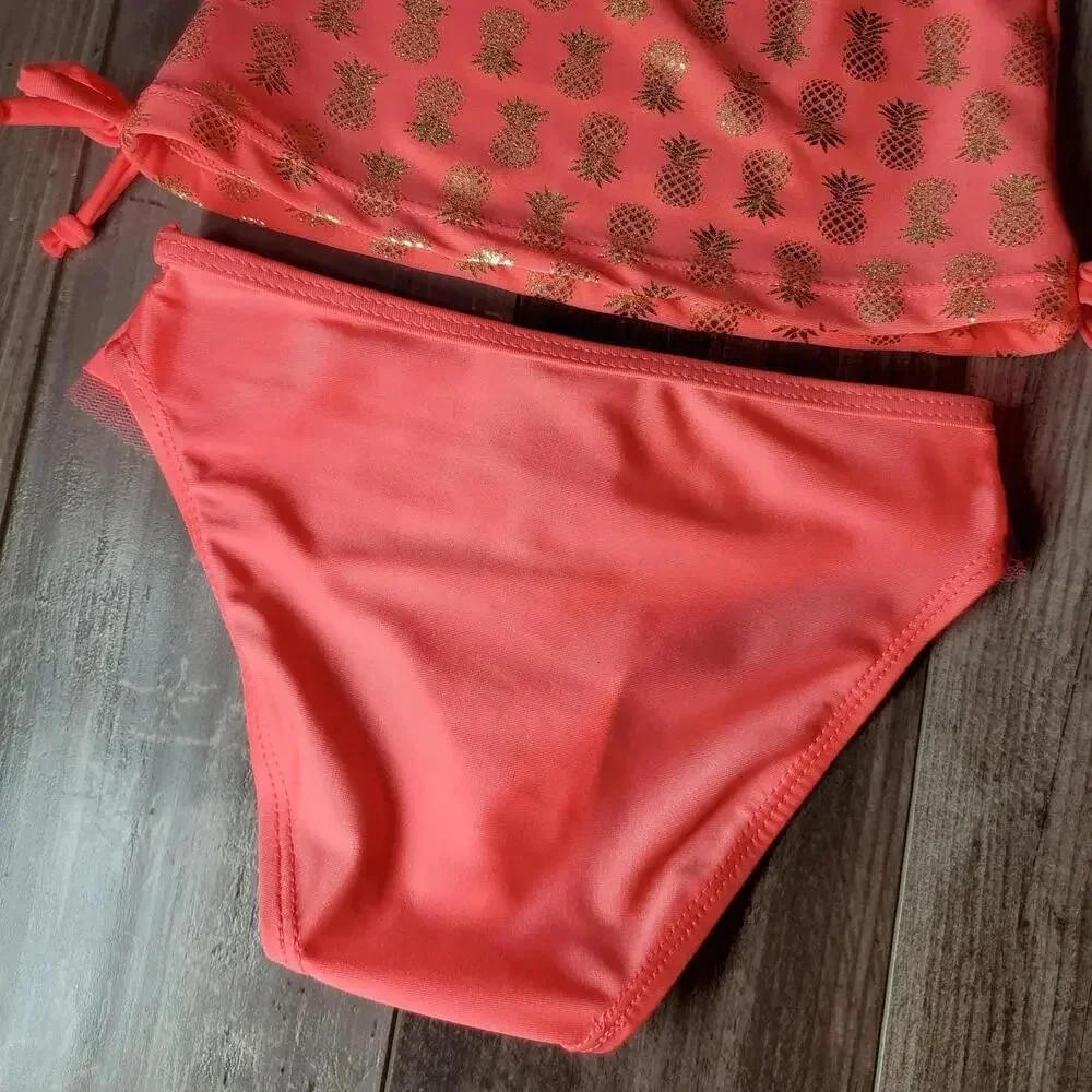 NWT Real Love Toddler Girls Metallic Gold and Coral Pineapple Bikini Set Size 2T
